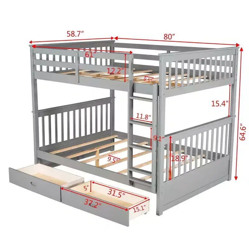 Lit superposé double avec échelle, 2 tiroirs et garde-corps de sécurité, lits superposés en bois massif pour enfants, filles, garçons, montage facile