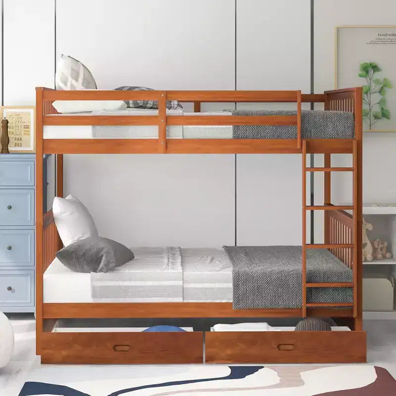 Lit superposé double avec échelle, 2 tiroirs et garde-corps de sécurité, lits superposés en bois massif pour enfants, filles, garçons, montage facile