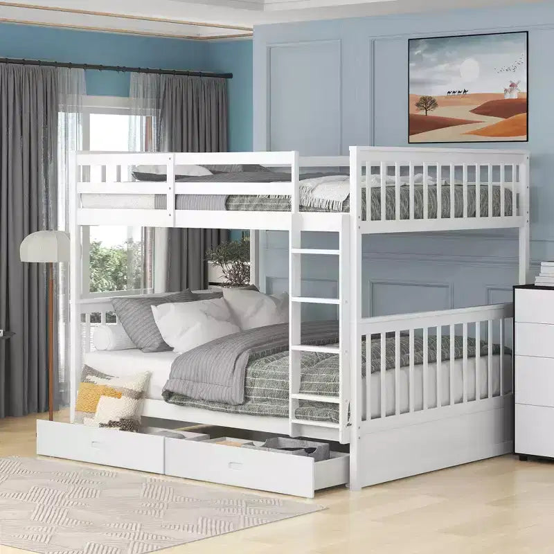 Lit superposé double avec échelle, 2 tiroirs et garde-corps de sécurité, lits superposés en bois massif pour enfants, filles, garçons, montage facile