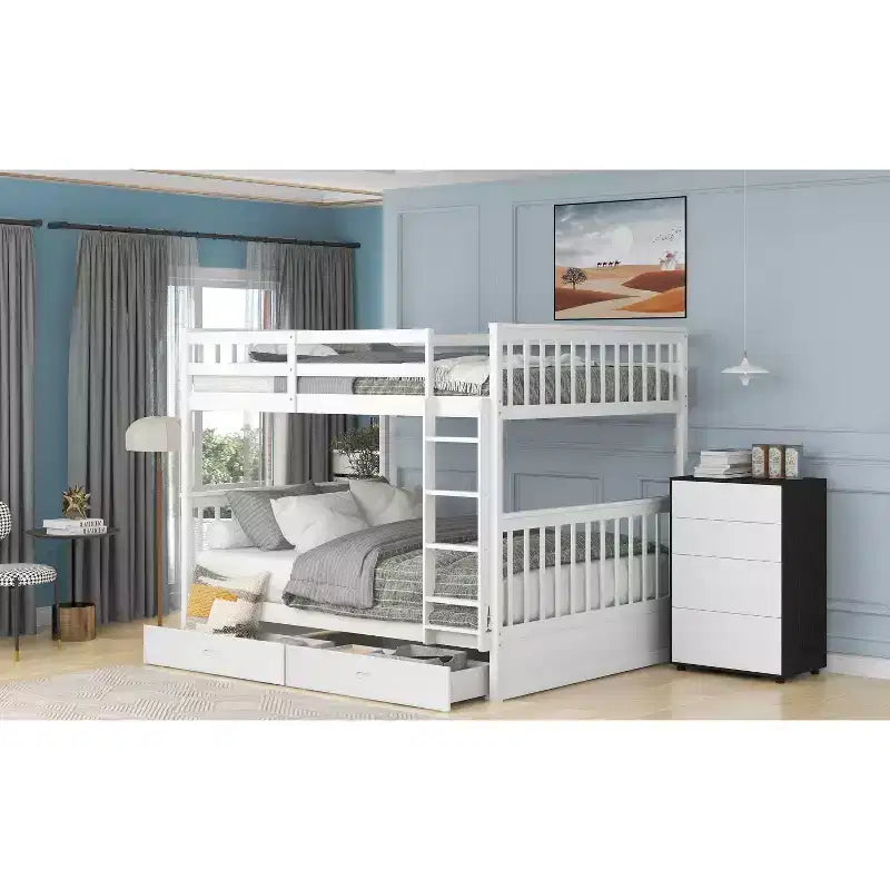 Lit superposé double avec échelle, 2 tiroirs et garde-corps de sécurité, lits superposés en bois massif pour enfants, filles, garçons, montage facile