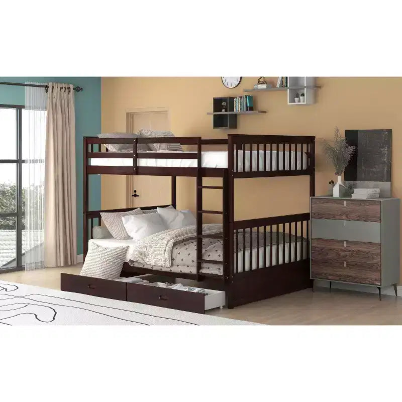 Lit superposé double avec échelle, 2 tiroirs et garde-corps de sécurité, lits superposés en bois massif pour enfants, filles, garçons, montage facile
