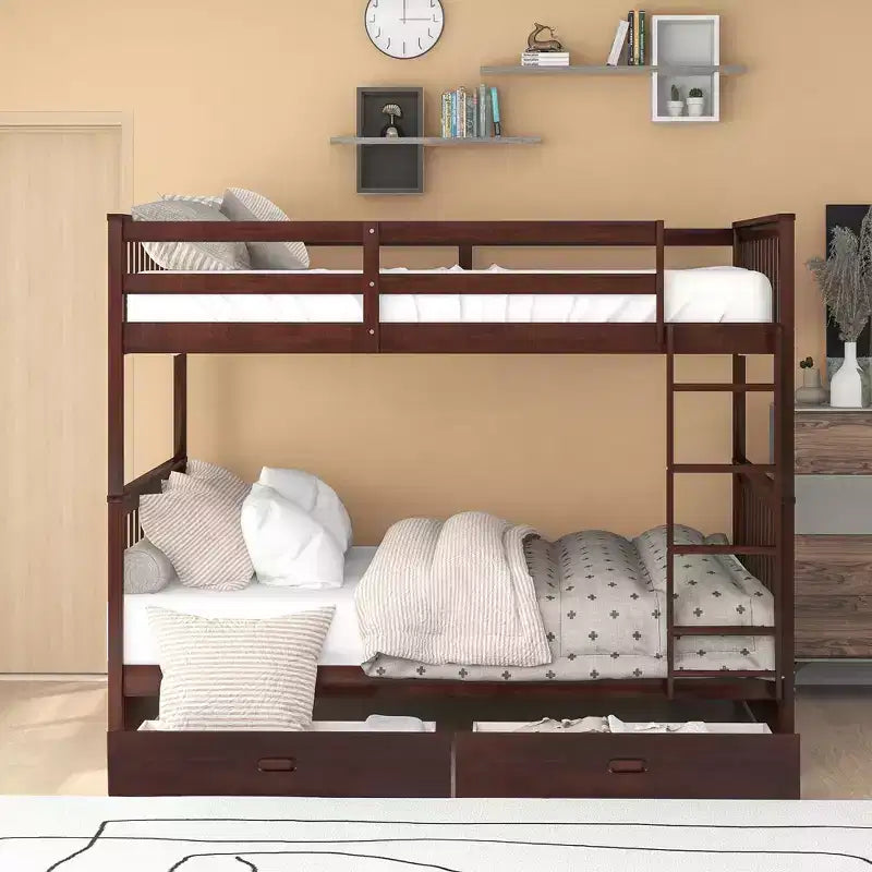 Lit superposé double avec échelle, 2 tiroirs et garde-corps de sécurité, lits superposés en bois massif pour enfants, filles, garçons, montage facile