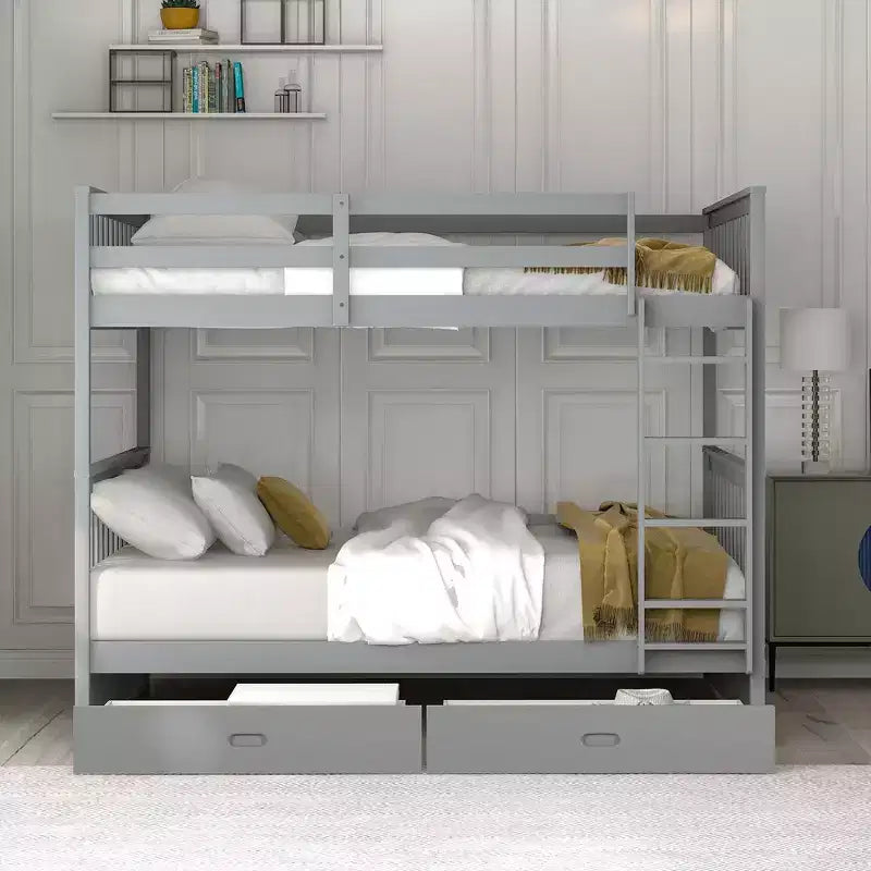 Lit superposé double avec échelle, 2 tiroirs et garde-corps de sécurité, lits superposés en bois massif pour enfants, filles, garçons, montage facile