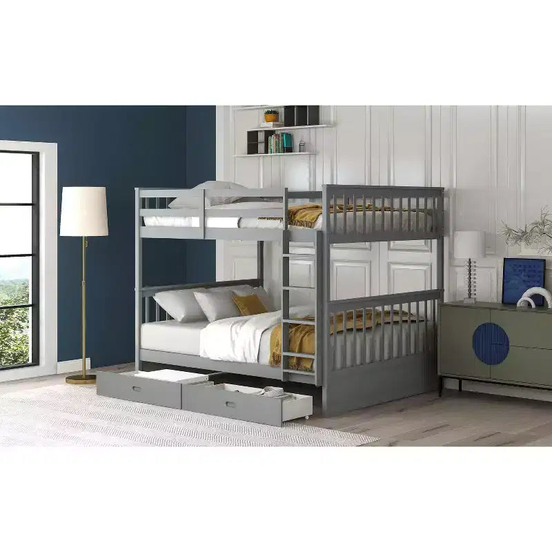 Lit superposé double avec échelle, 2 tiroirs et garde-corps de sécurité, lits superposés en bois massif pour enfants, filles, garçons, montage facile