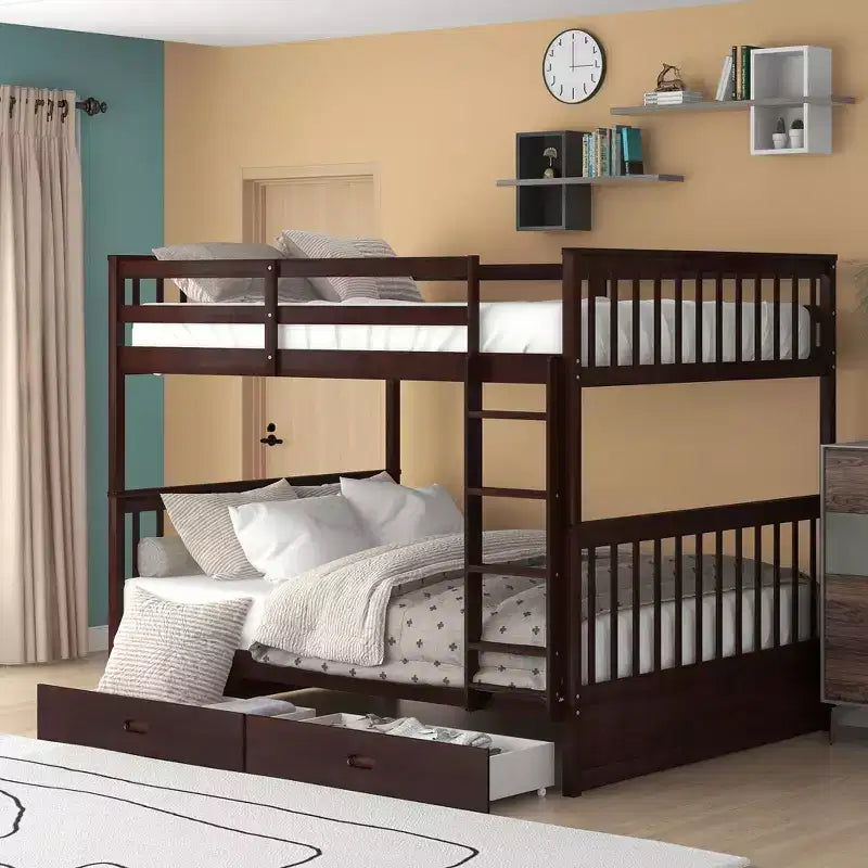 Lit superposé double avec échelle, 2 tiroirs et garde-corps de sécurité, lits superposés en bois massif pour enfants, filles, garçons, montage facile