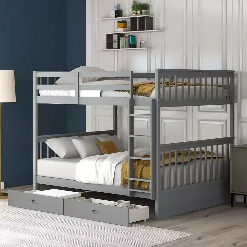 Lit superposé double avec échelle, 2 tiroirs et garde-corps de sécurité, lits superposés en bois massif pour enfants, filles, garçons, montage facile