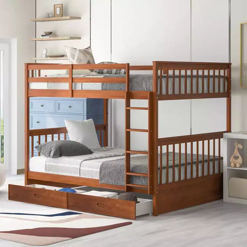 Lit superposé double avec échelle, 2 tiroirs et garde-corps de sécurité, lits superposés en bois massif pour enfants, filles, garçons, montage facile