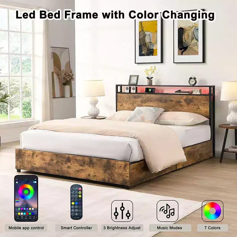 Cadre de lit plateforme double/grand lit/très grand lit avec tête de lit de rangement, lit avec station de charge et éclairage LED, pas besoin de sommier tapissier, lattes métalliques silencieuses