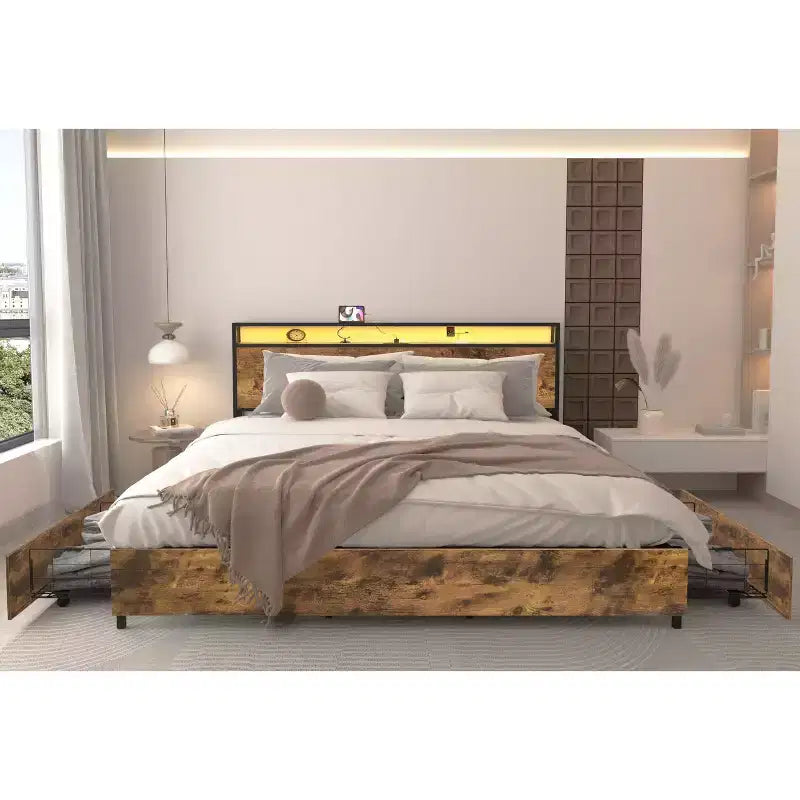 Cadre de lit plateforme double/grand lit/très grand lit avec tête de lit de rangement, lit avec station de charge et éclairage LED, pas besoin de sommier tapissier, lattes métalliques silencieuses