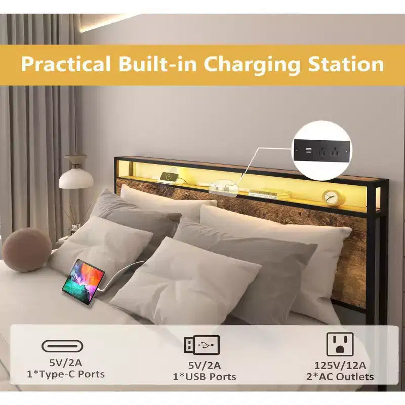 Cadre de lit plateforme double/grand lit/très grand lit avec tête de lit de rangement, lit avec station de charge et éclairage LED, pas besoin de sommier tapissier, lattes métalliques silencieuses