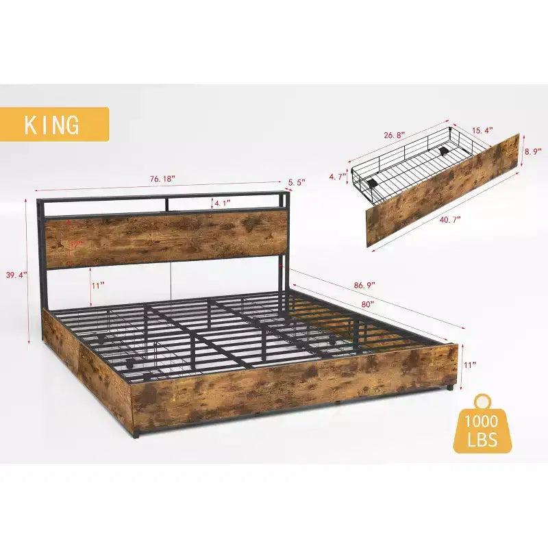 Cadre de lit plateforme double/grand lit/très grand lit avec tête de lit de rangement, lit avec station de charge et éclairage LED, pas besoin de sommier tapissier, lattes métalliques silencieuses