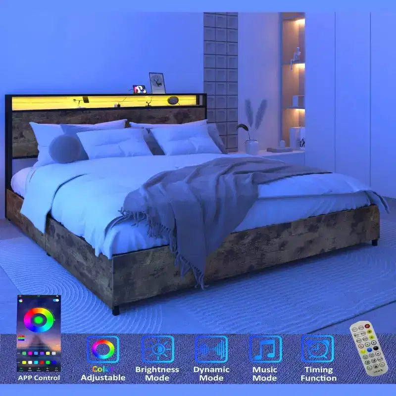 Cadre de lit plateforme double/grand lit/très grand lit avec tête de lit de rangement, lit avec station de charge et éclairage LED, pas besoin de sommier tapissier, lattes métalliques silencieuses