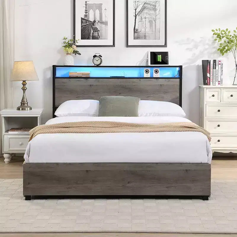 Cadre de lit plateforme double/grand lit/très grand lit avec tête de lit de rangement, lit avec station de charge et éclairage LED, pas besoin de sommier tapissier, lattes métalliques silencieuses