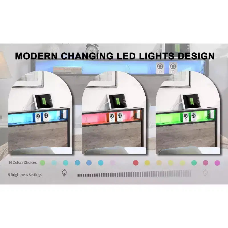 Cadre de lit plateforme double/grand lit/très grand lit avec tête de lit de rangement, lit avec station de charge et éclairage LED, pas besoin de sommier tapissier, lattes métalliques silencieuses