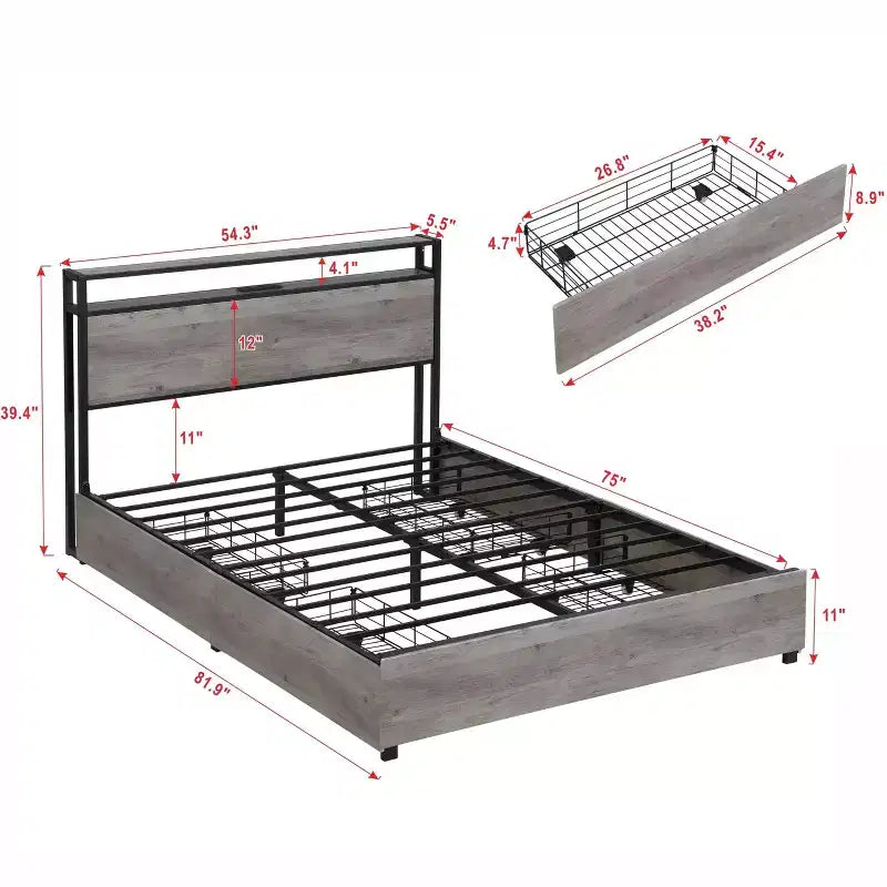 Cadre de lit plateforme double/grand lit/très grand lit avec tête de lit de rangement, lit avec station de charge et éclairage LED, pas besoin de sommier tapissier, lattes métalliques silencieuses
