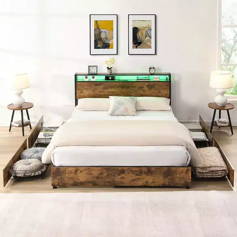 Cadre de lit plateforme double/grand lit/très grand lit avec tête de lit de rangement, lit avec station de charge et éclairage LED, pas besoin de sommier tapissier, lattes métalliques silencieuses