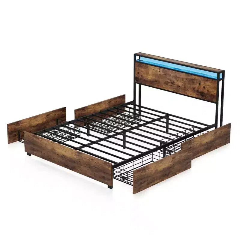 Cadre de lit plateforme double/grand lit/très grand lit avec tête de lit de rangement, lit avec station de charge et éclairage LED, pas besoin de sommier tapissier, lattes métalliques silencieuses