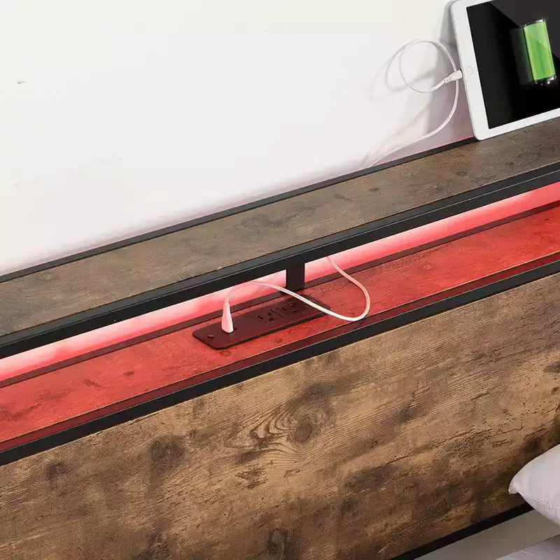 Cadre de lit plateforme double/grand lit/très grand lit avec tête de lit de rangement, lit avec station de charge et éclairage LED, pas besoin de sommier tapissier, lattes métalliques silencieuses