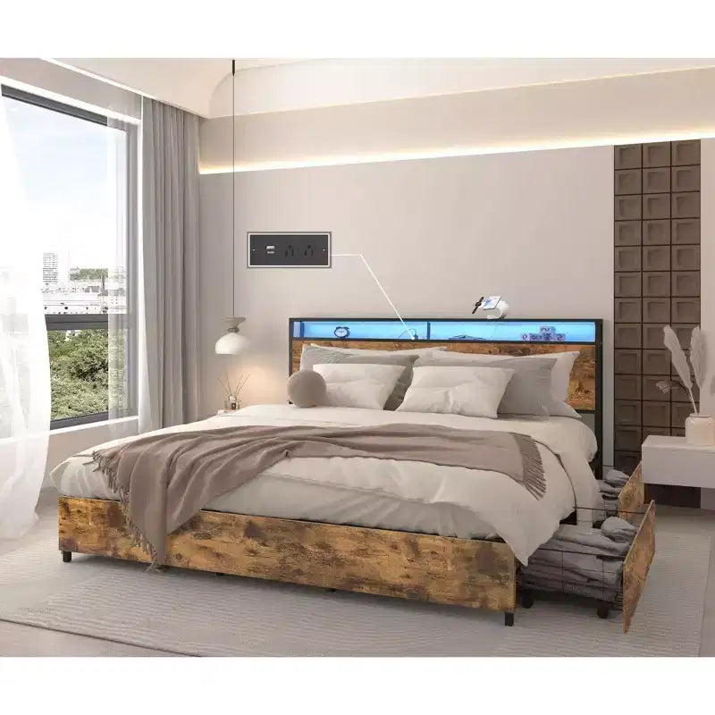Cadre de lit plateforme double/grand lit/très grand lit avec tête de lit de rangement, lit avec station de charge et éclairage LED, pas besoin de sommier tapissier, lattes métalliques silencieuses