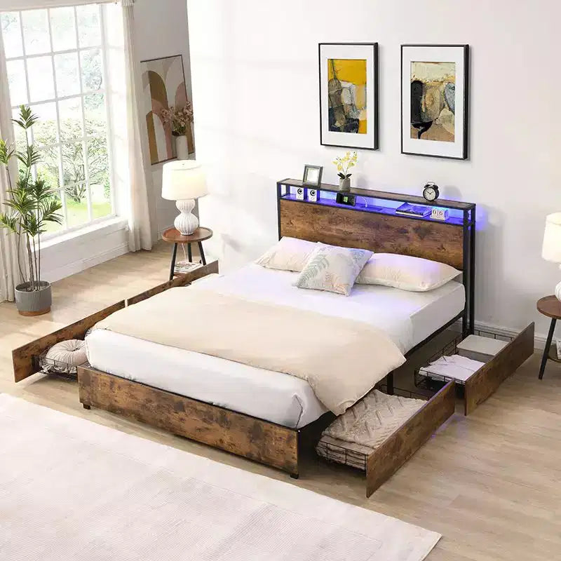 Cadre de lit plateforme double/grand lit/très grand lit avec tête de lit de rangement, lit avec station de charge et éclairage LED, pas besoin de sommier tapissier, lattes métalliques silencieuses