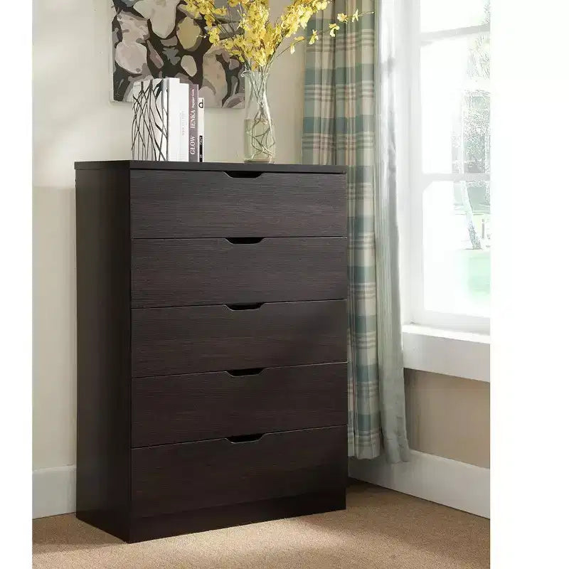 Commode de chevet rétro avec 5 tiroirs en similibois, meuble de rangement avec glissières métalliques pour salon, couloir, entrée