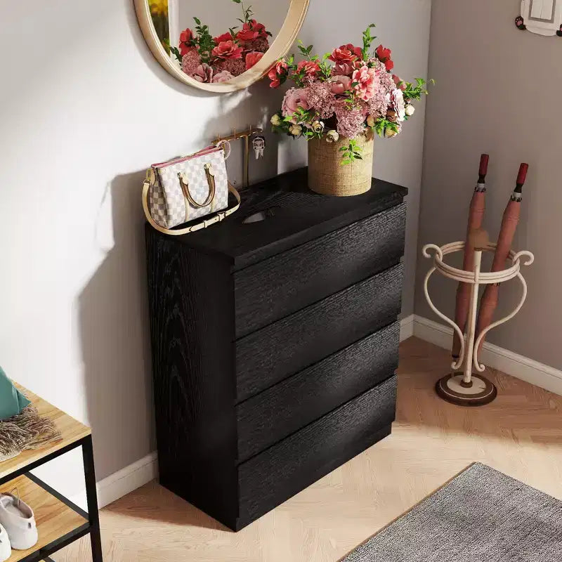 Commode de chevet rétro avec 5 tiroirs en similibois, meuble de rangement avec glissières métalliques pour salon, couloir, entrée