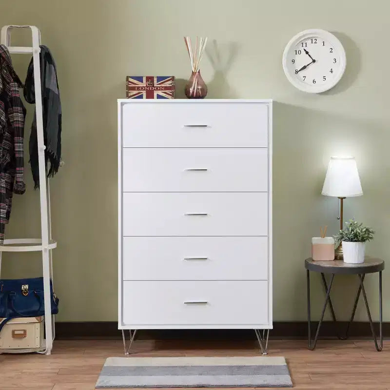 Commode de chevet rétro avec 5 tiroirs en similibois, meuble de rangement avec glissières métalliques pour salon, couloir, entrée