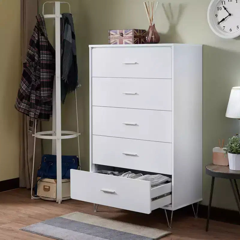 Commode de chevet rétro avec 5 tiroirs en similibois, meuble de rangement avec glissières métalliques pour salon, couloir, entrée