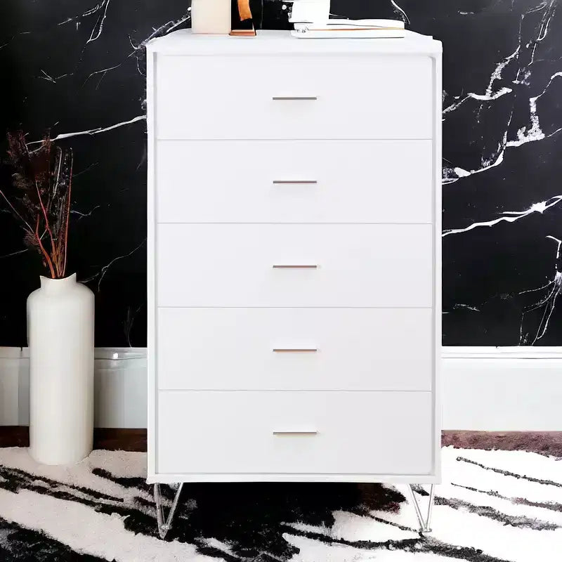 Commode de chevet rétro avec 5 tiroirs en similibois, meuble de rangement avec glissières métalliques pour salon, couloir, entrée