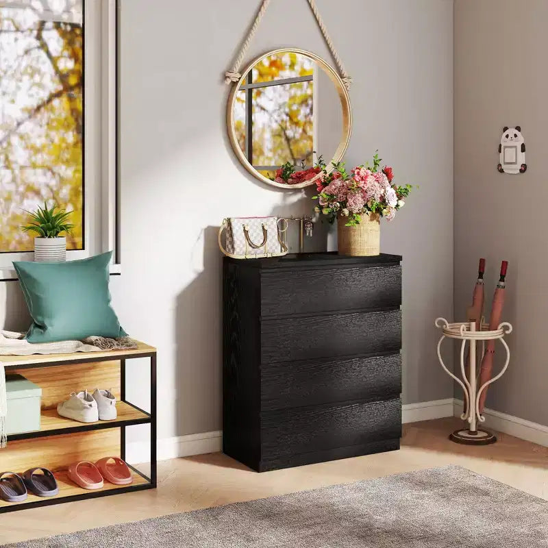 Commode de chevet rétro avec 5 tiroirs en similibois, meuble de rangement avec glissières métalliques pour salon, couloir, entrée