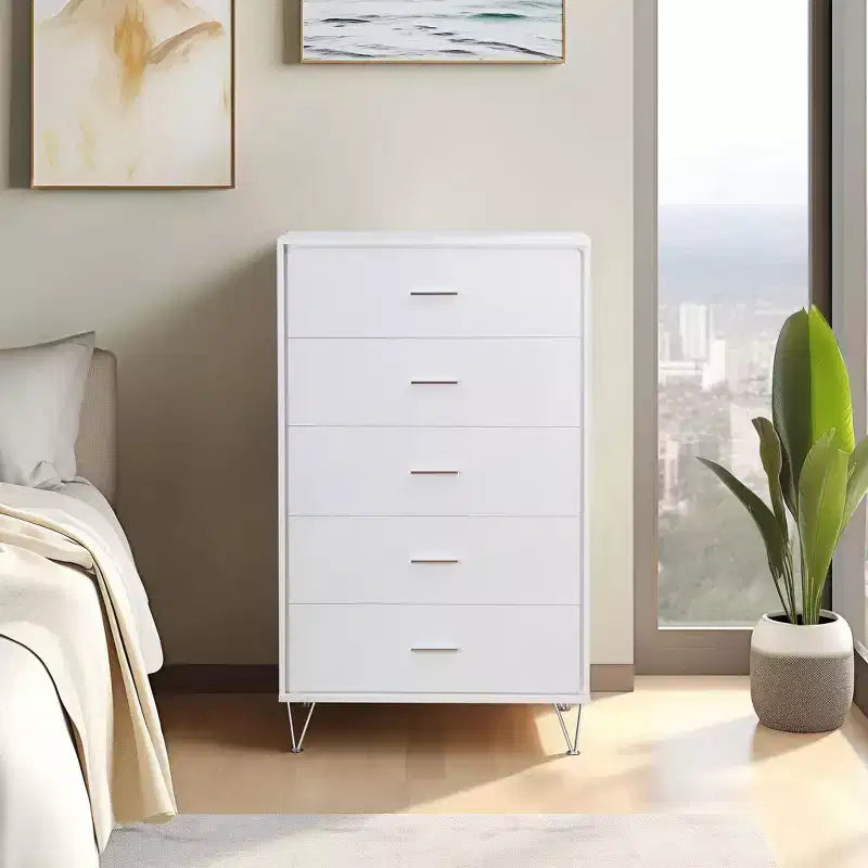 Commode de chevet rétro avec 5 tiroirs en similibois, meuble de rangement avec glissières métalliques pour salon, couloir, entrée