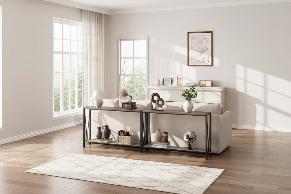 Table console de 109 cm, design en V, table d'entrée à 2 niveaux avec rangement, table console industrielle pour entrée, salon
