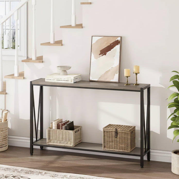 Table console de 109 cm, design en V, table d'entrée à 2 niveaux avec rangement, table console industrielle pour entrée, salon