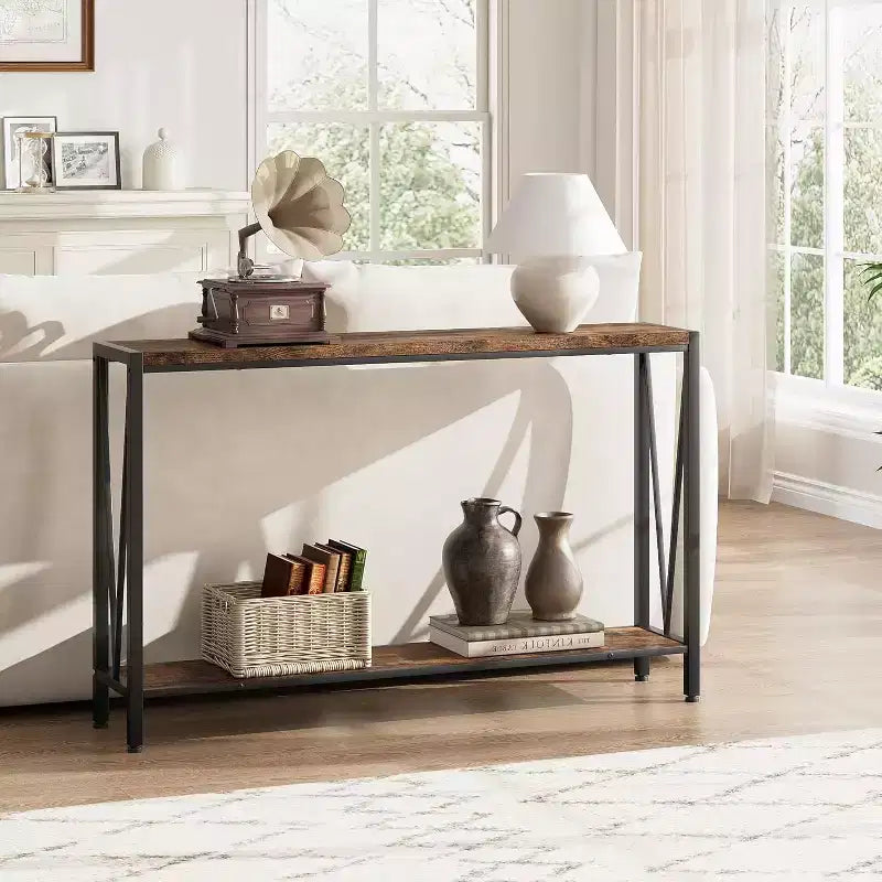 Table console de 109 cm, design en V, table d'entrée à 2 niveaux avec rangement, table console industrielle pour entrée, salon