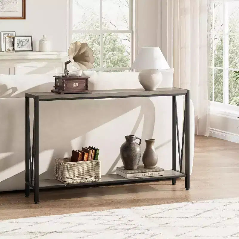 Table console de 109 cm, design en V, table d'entrée à 2 niveaux avec rangement, table console industrielle pour entrée, salon