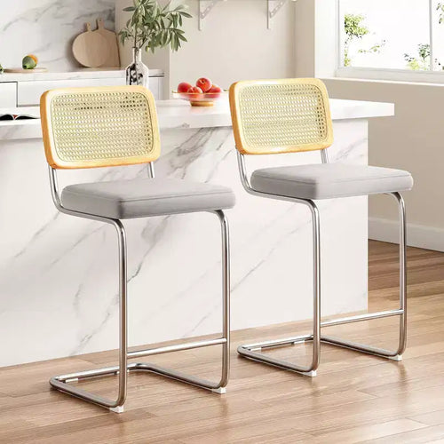 Lot de 2 tabourets de bar rembourrés en velours avec dossier en rotin, hauteur 66 cm, sans accoudoirs, pour îlot de cuisine, gris