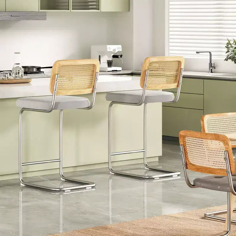 Lot de 2 tabourets de bar rembourrés en velours avec dossier en rotin, hauteur 66 cm, sans accoudoirs, pour îlot de cuisine, gris