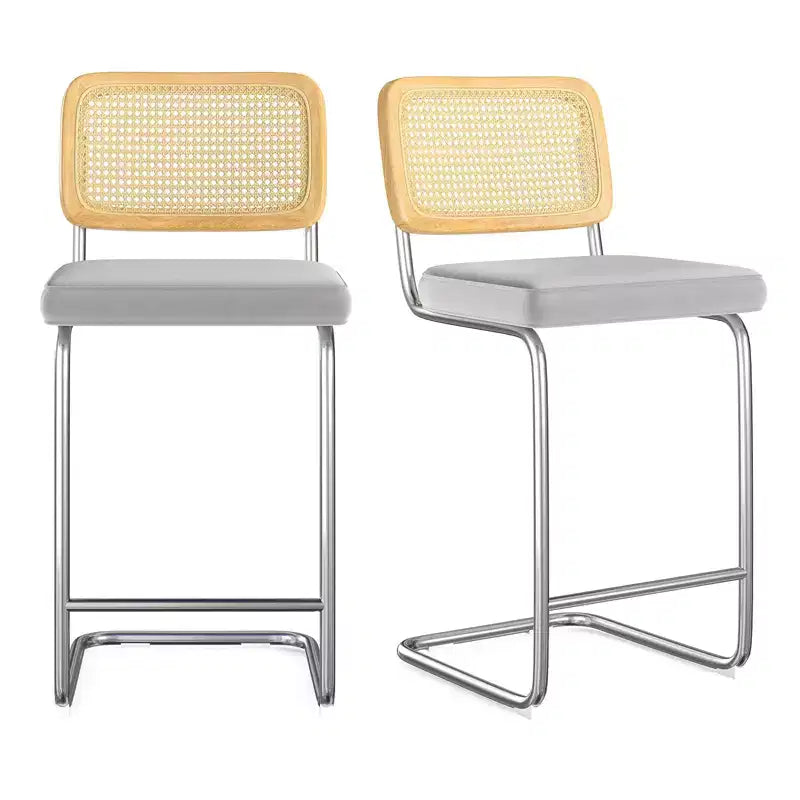 Lot de 2 tabourets de bar rembourrés en velours avec dossier en rotin, hauteur 66 cm, sans accoudoirs, pour îlot de cuisine, gris