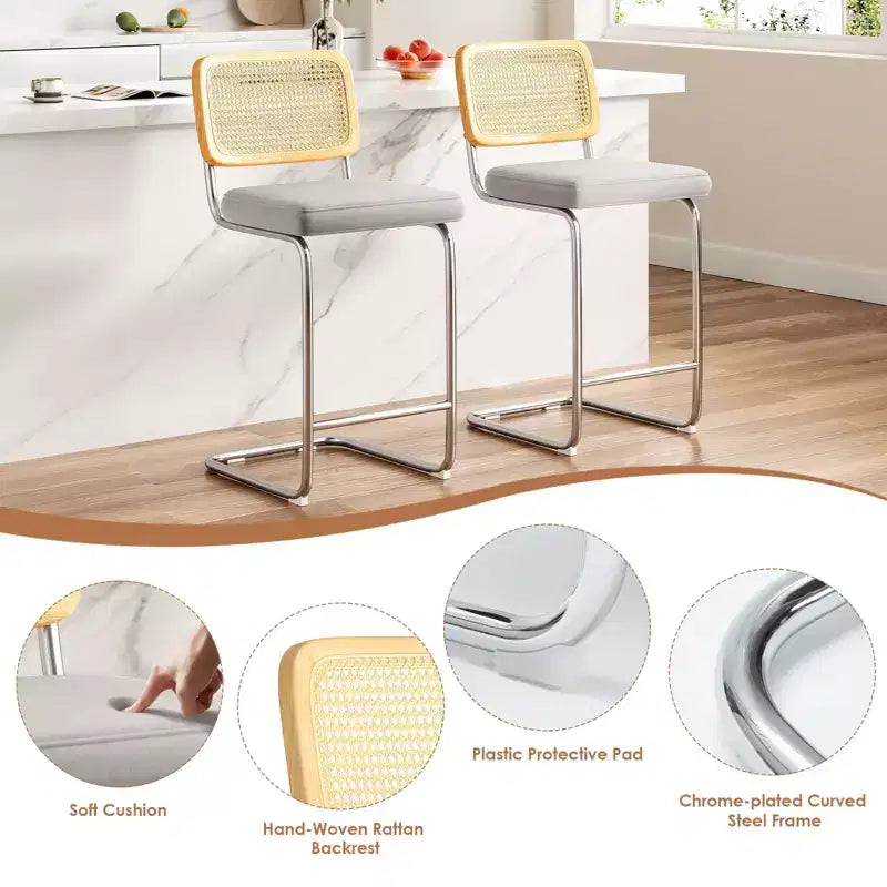 Lot de 2 tabourets de bar rembourrés en velours avec dossier en rotin, hauteur 66 cm, sans accoudoirs, pour îlot de cuisine, gris