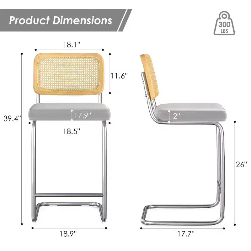 Lot de 2 tabourets de bar rembourrés en velours avec dossier en rotin, hauteur 66 cm, sans accoudoirs, pour îlot de cuisine, gris