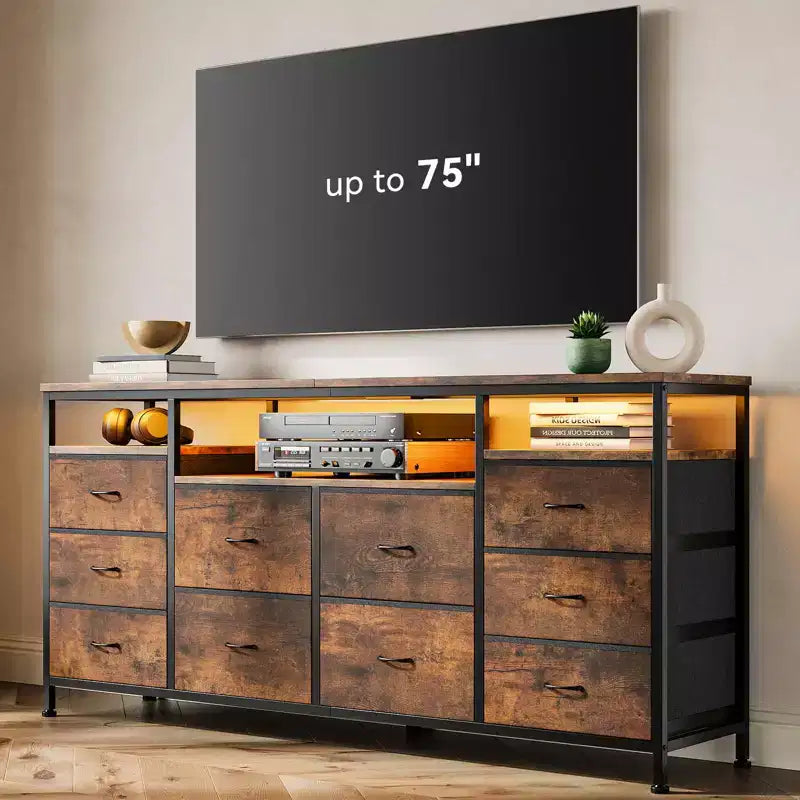 Meuble TV avec 10 tiroirs en tissu pour TV 65 70 75 pouces, meuble TV console 160 cm de large avec lumières LED et étagères de rangement ouvertes