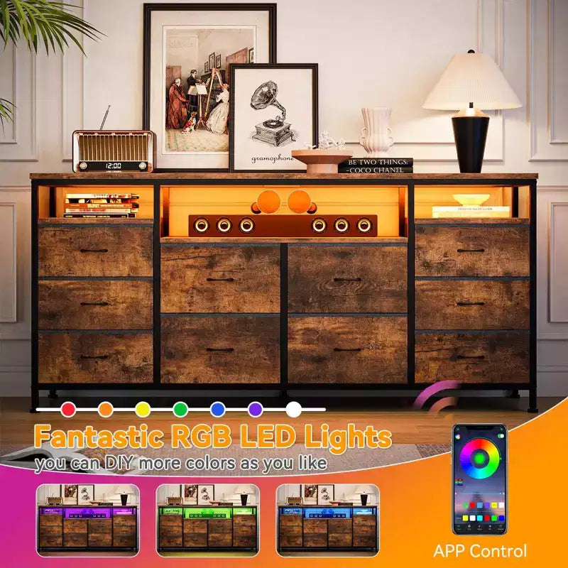 Meuble TV avec 10 tiroirs en tissu pour TV 65 70 75 pouces, meuble TV console 160 cm de large avec lumières LED et étagères de rangement ouvertes