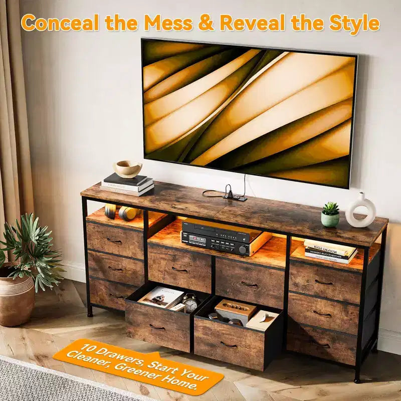 Meuble TV avec 10 tiroirs en tissu pour TV 65 70 75 pouces, meuble TV console 160 cm de large avec lumières LED et étagères de rangement ouvertes