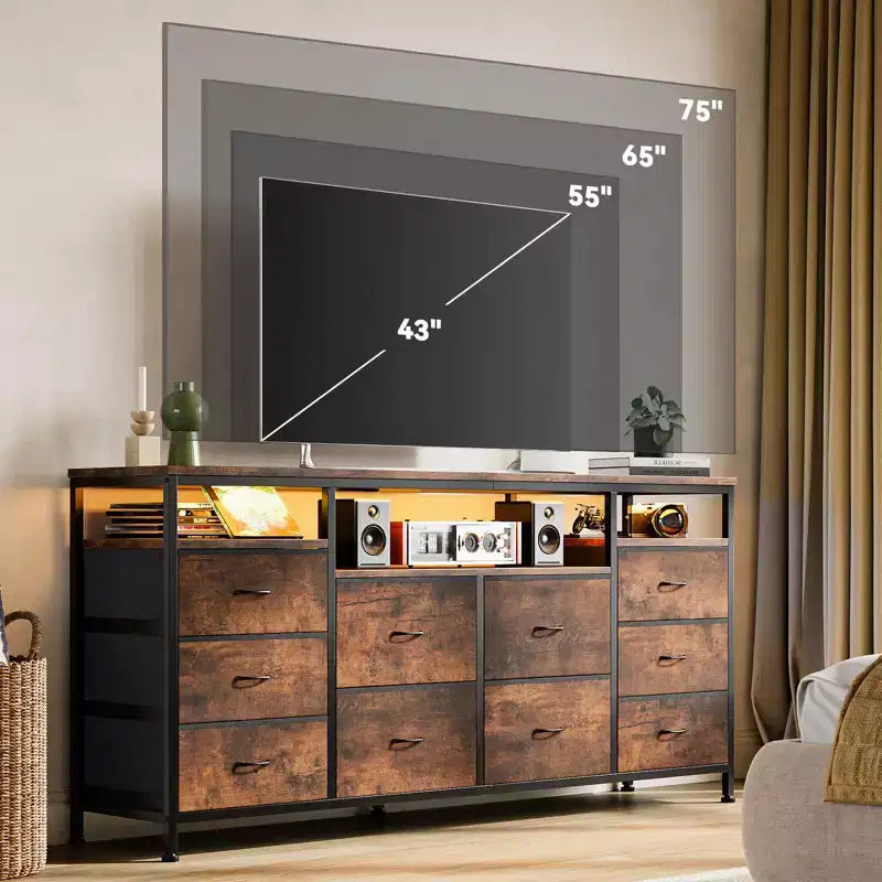 Meuble TV avec 10 tiroirs en tissu pour TV 65 70 75 pouces, meuble TV console 160 cm de large avec lumières LED et étagères de rangement ouvertes