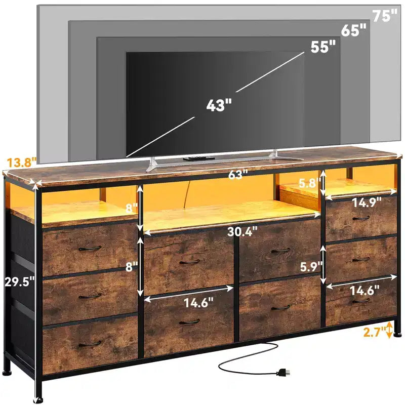 Meuble TV avec 10 tiroirs en tissu pour TV 65 70 75 pouces, meuble TV console 160 cm de large avec lumières LED et étagères de rangement ouvertes