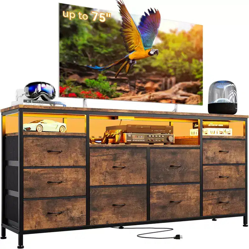 Meuble TV avec 10 tiroirs en tissu pour TV 65 70 75 pouces, meuble TV console 160 cm de large avec lumières LED et étagères de rangement ouvertes