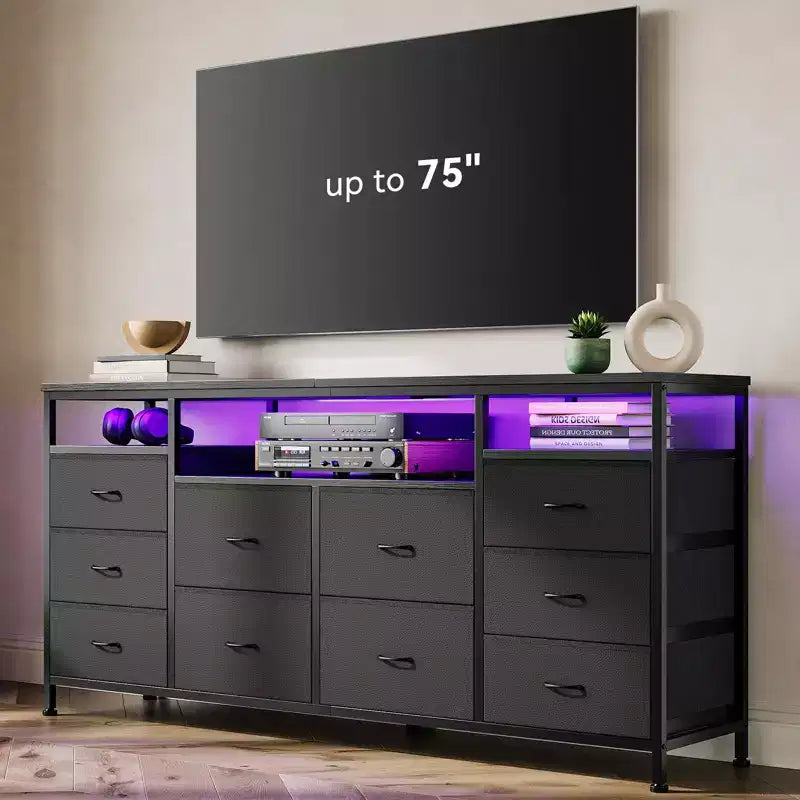 Meuble TV avec 10 tiroirs en tissu pour TV 65 70 75 pouces, meuble TV console 160 cm de large avec lumières LED et étagères de rangement ouvertes