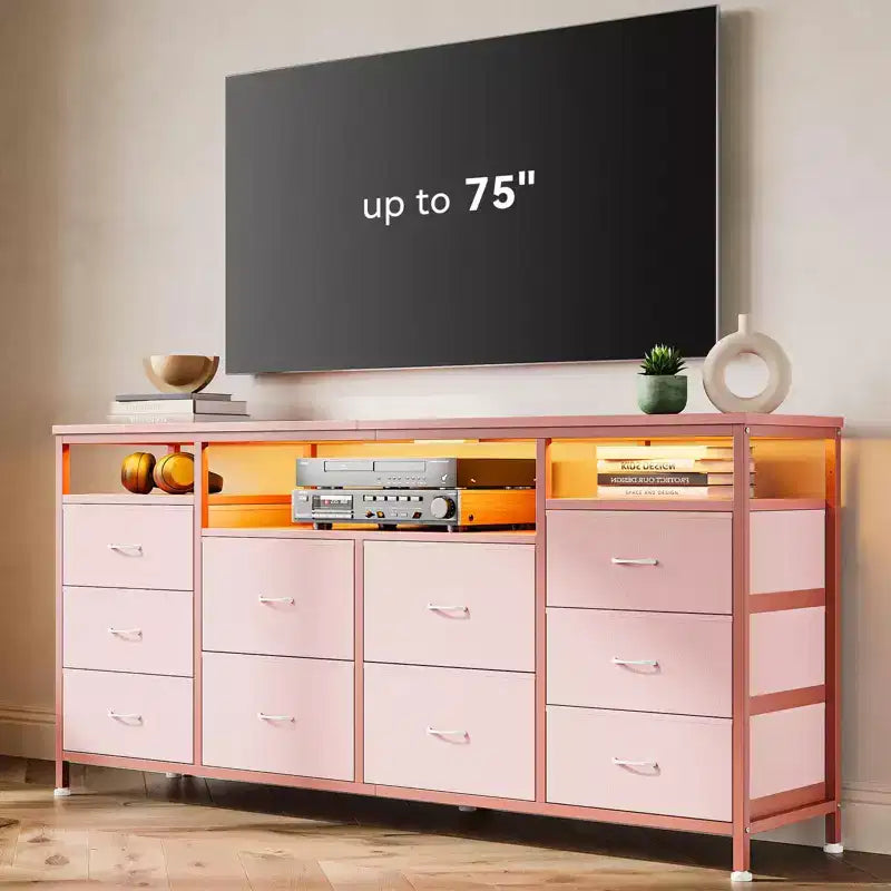 Meuble TV avec 10 tiroirs en tissu pour TV 65 70 75 pouces, meuble TV console 160 cm de large avec lumières LED et étagères de rangement ouvertes