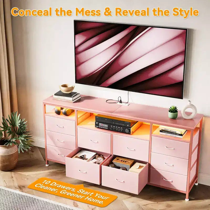 Meuble TV avec 10 tiroirs en tissu pour TV 65 70 75 pouces, meuble TV console 160 cm de large avec lumières LED et étagères de rangement ouvertes