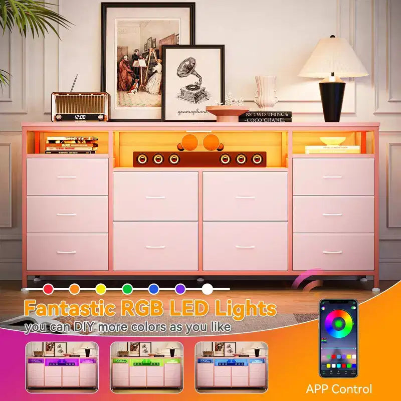 Meuble TV avec 10 tiroirs en tissu pour TV 65 70 75 pouces, meuble TV console 160 cm de large avec lumières LED et étagères de rangement ouvertes